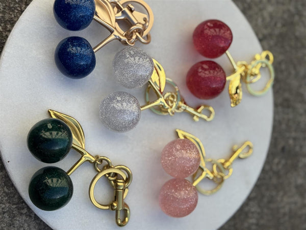 BLACK / GOLD SWEET CHERRY  KEY CHAIN BAG PENDANT,