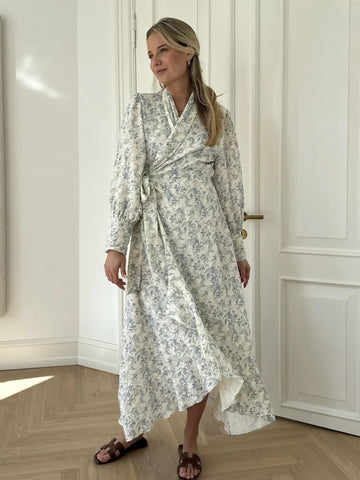 SigneIC Long Wrap Dress  - White Blue Print