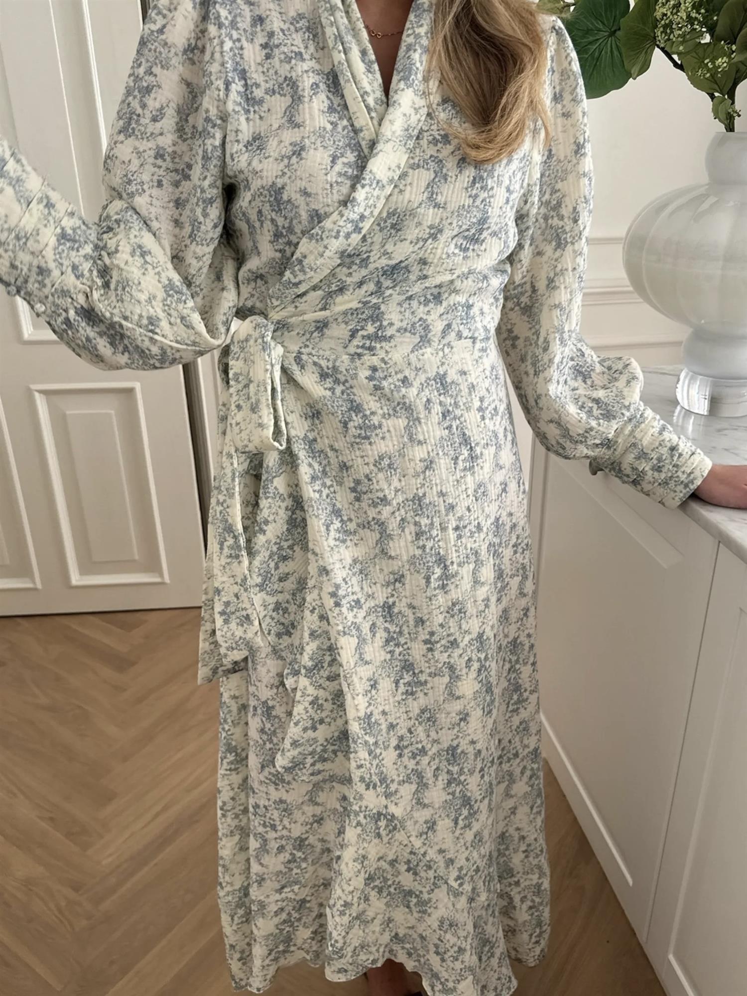 SigneIC Long Wrap Dress  - White Blue Print