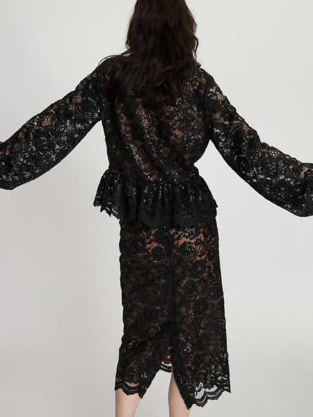 Lace sequins blouse, BLACK