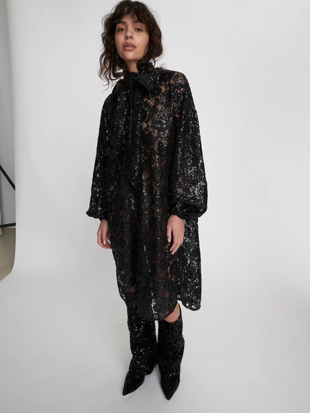 Lace sequins shirt dress, BLACK