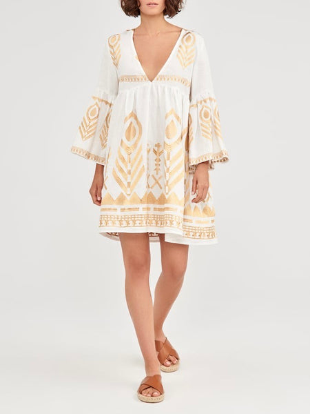 SHORT FEATHER EMBROIDERY LINNEN DRESS I WHITE / GOLD