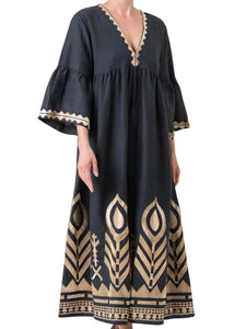 DRESS LONG FEATHER CHEVRON BELL SLEEVES, CHARCOAL / GOLD