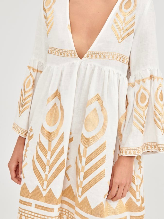 SHORT FEATHER EMBROIDERY LINNEN DRESS I WHITE / GOLD