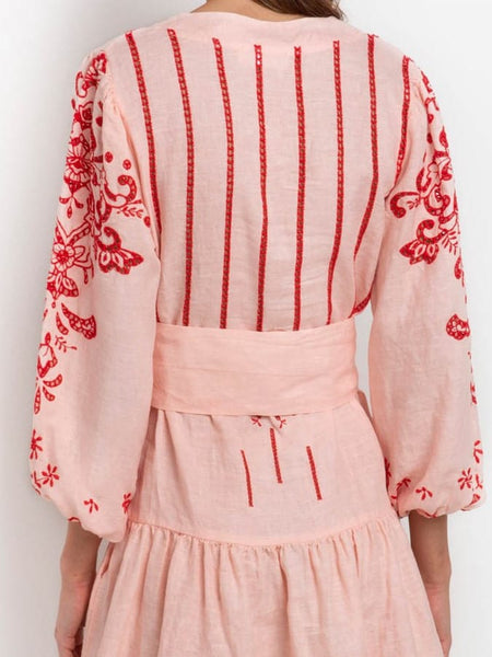 SHORT EMBROIDERY LINNEN DRESS I PINK / RED