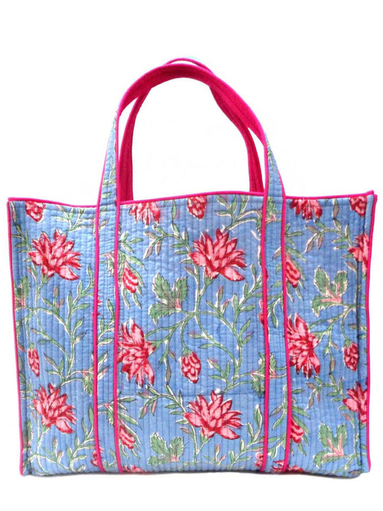 QUILTED BLOCK PRINTET SHOPPER TOTE I CORNFLOWER BLUE GUD