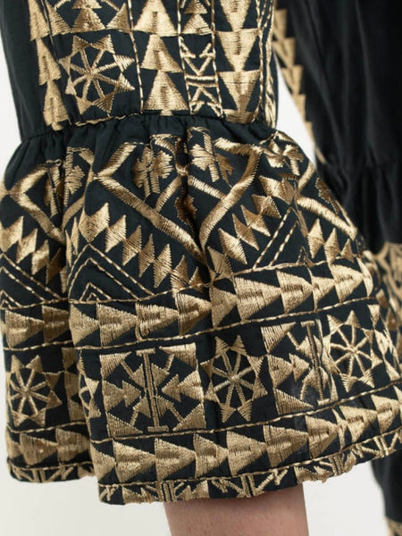 SHORT EMBROIDERY DRESS, CHARCOAL / GOLD