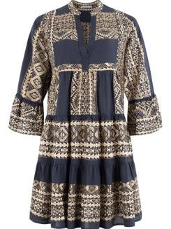 SHORT EMBROIDERY DRESS, CHARCOAL / GOLD