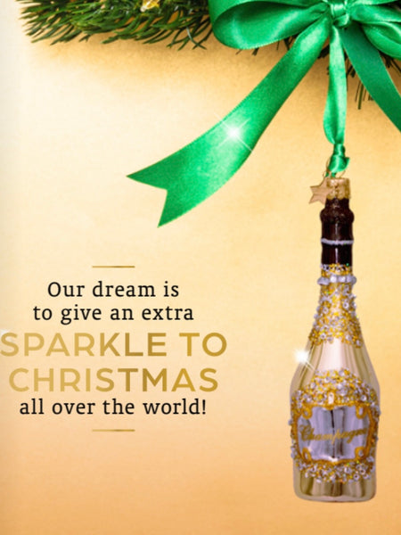 Ornament gold champagne bottle w/diamonds H16cm