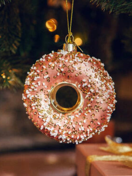 Ornament glass gold/pink donut w/decoration H11cm