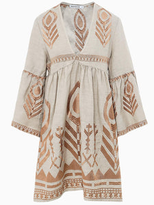 SHORT FEATHER EMBROIDERY LINNEN DRESS I SAND / GOLD