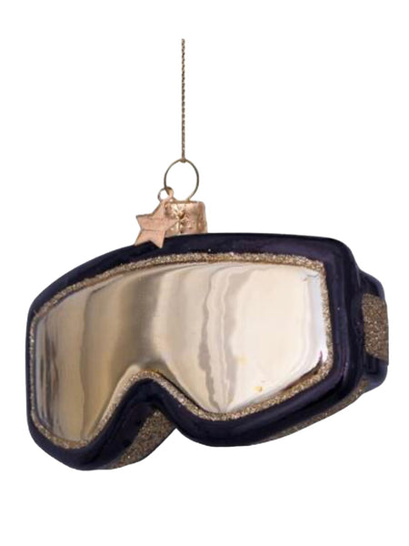 Ornament glass black/gold ski goggles H5cm