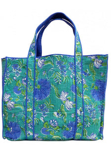 QUILTED BLOCK PRINTET SHOPPER TOTE i flower blossom sea green gud