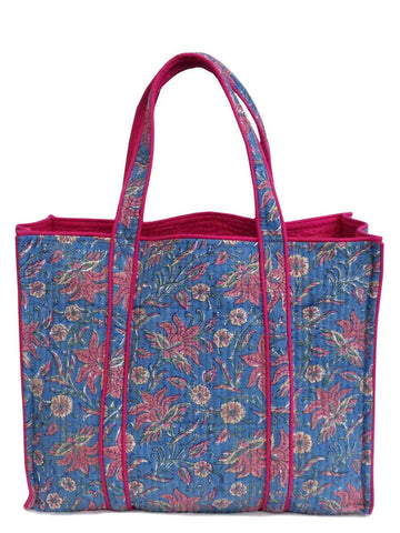 QUILTED BLOCK PRINTET SHOPPER TOTE I blue roses