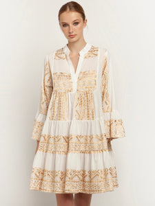 SHORT EMBROIDERY DRESS, WHITE / GOLD
