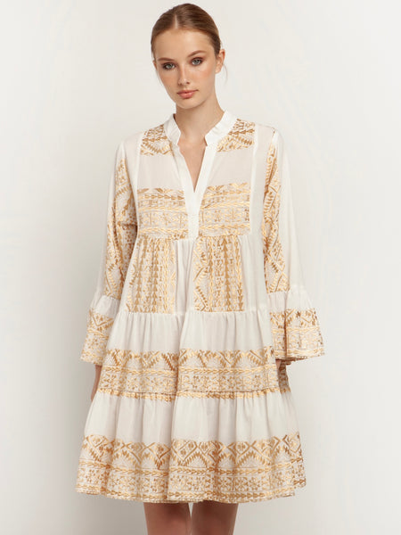 SHORT EMBROIDERY DRESS, WHITE / GOLD