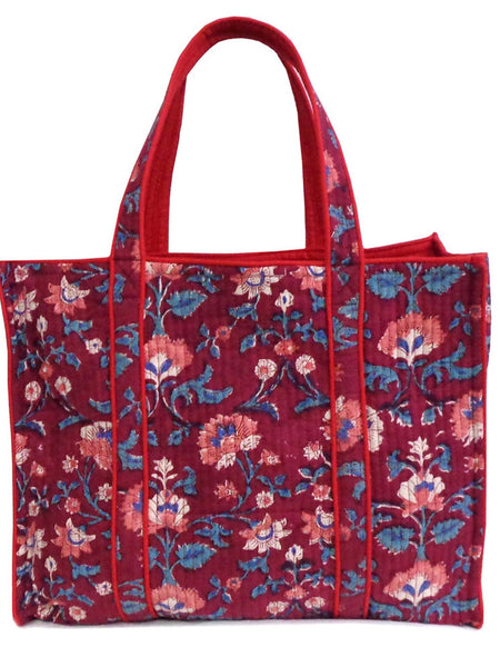 QUILTED BLOCK PRINTET SHOPPER TOTE I RUKHSANA MAROON